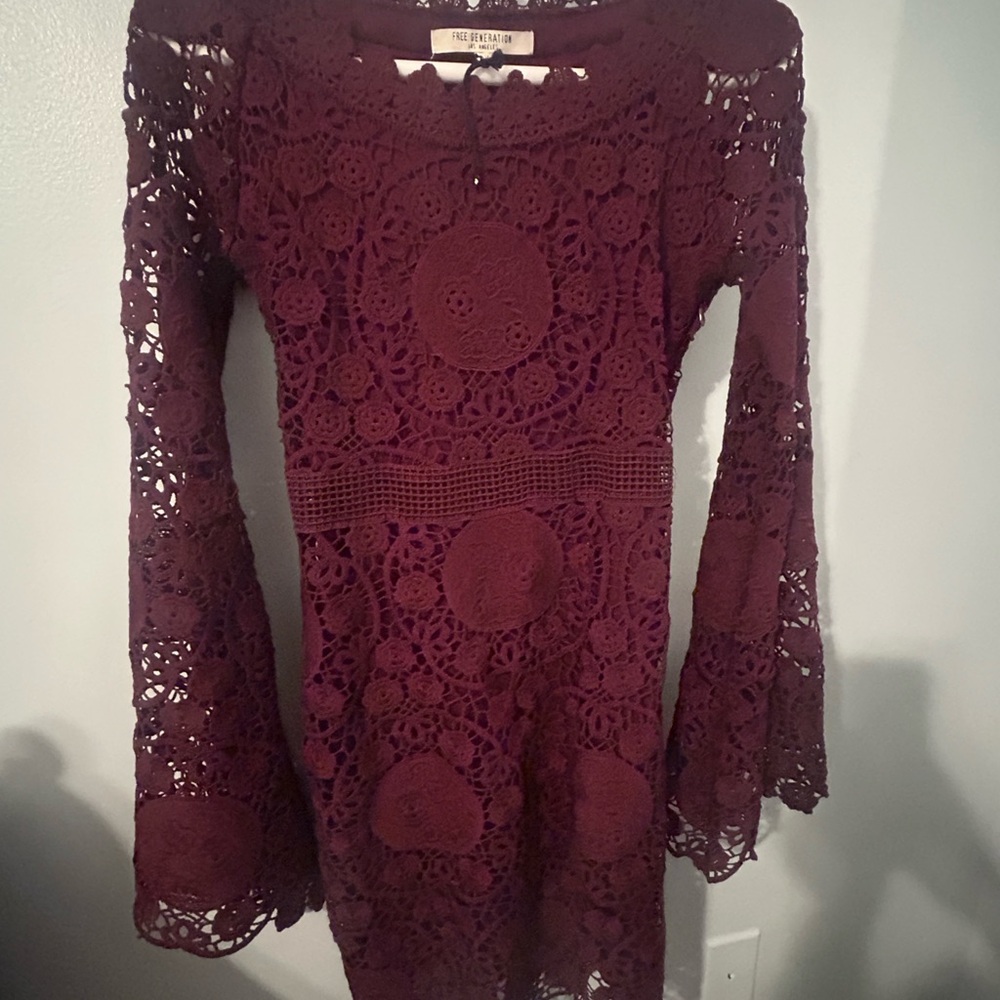 Free Generation Crochet Lace Dress in Burgundy Wine